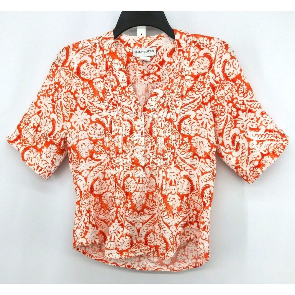 C.D. Petites Shirt Womens Size PS Orange Floral Short Sleeve V-Neck Blouse Top